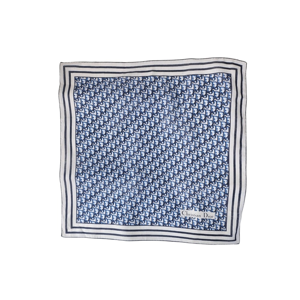 Vintage Christian Dior Oblique Monogram Cotton Scarf Blue White 21" France Made